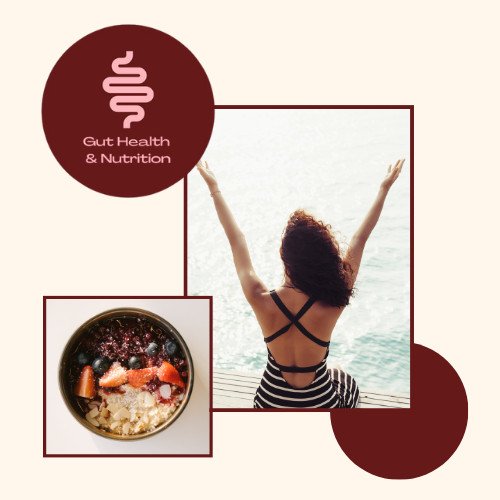 Home Page Image: Gut Health and Nutrition. A photo with a womon raising her hands as if feeling a sense of freedom and another image of a breakfast bowl with fruit.